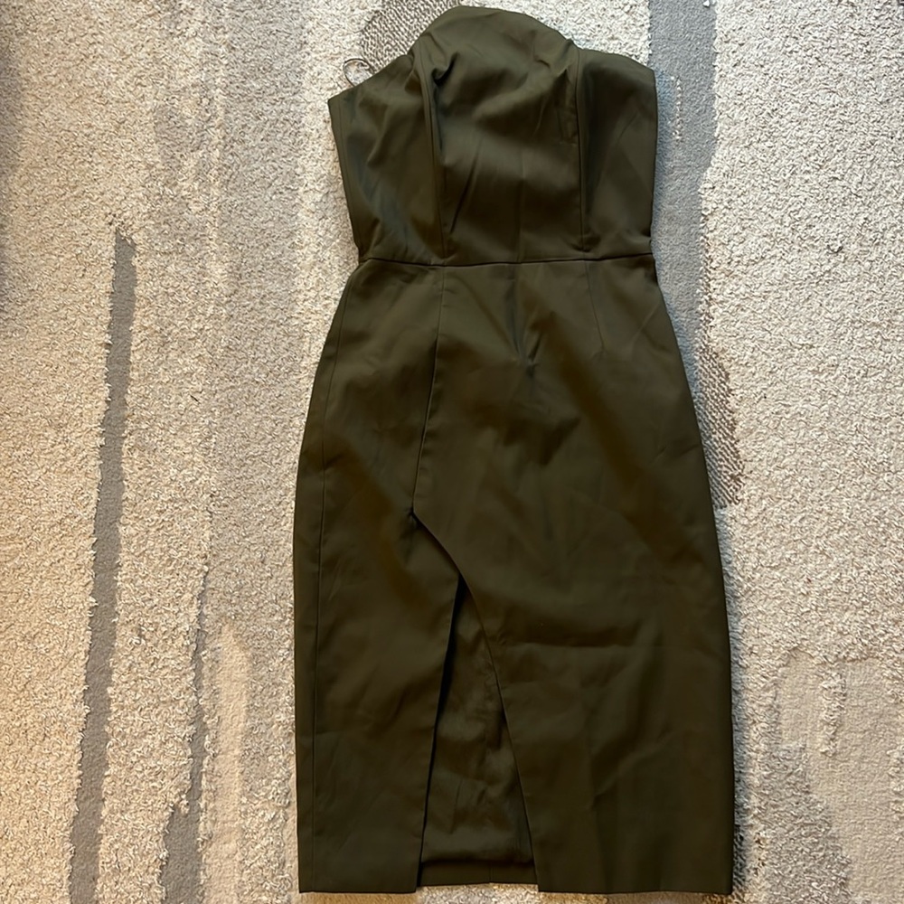 Strapless by egreis olive green dress with front slit